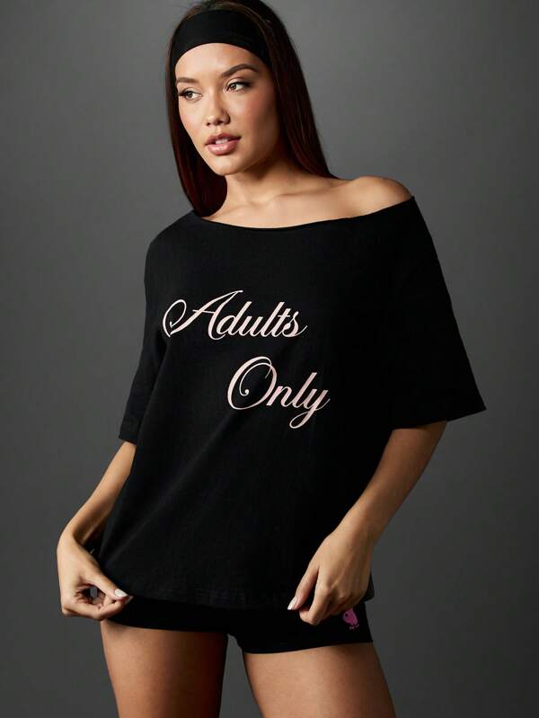 missguided MISSGUIDED Off Shoulder Oversized T Shirt With Text Print