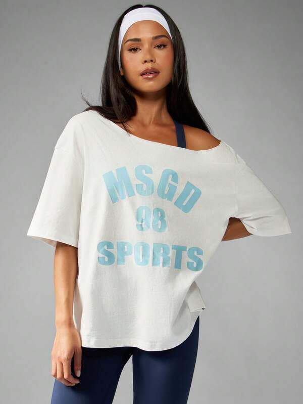 missguided MISSGUIDED Off Shoulder Oversized T-Shirt With Varsity Print