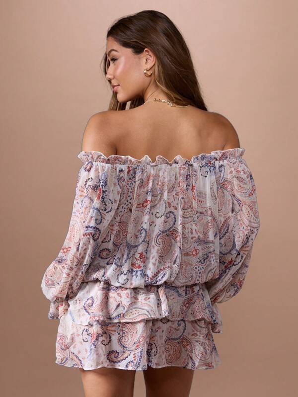 Missguided MISSGUIDED Off Shoulder Paisley Print Ruffle Tiered Mini Dress