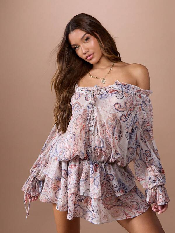Missguided MISSGUIDED Off Shoulder Paisley Print Ruffle Tiered Mini Dress