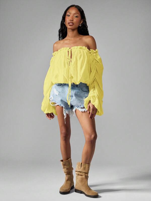 Missguided MISSGUIDED Off Shoulder Peasant Top Boho Chic Puff Sleeve Gathered Crop Top
