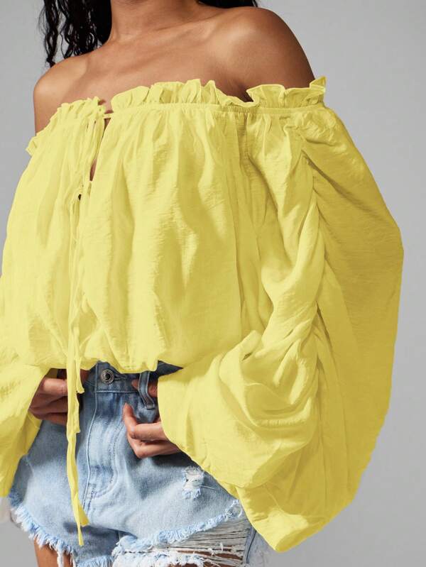 Missguided MISSGUIDED Off Shoulder Peasant Top Boho Chic Puff Sleeve Gathered Crop Top