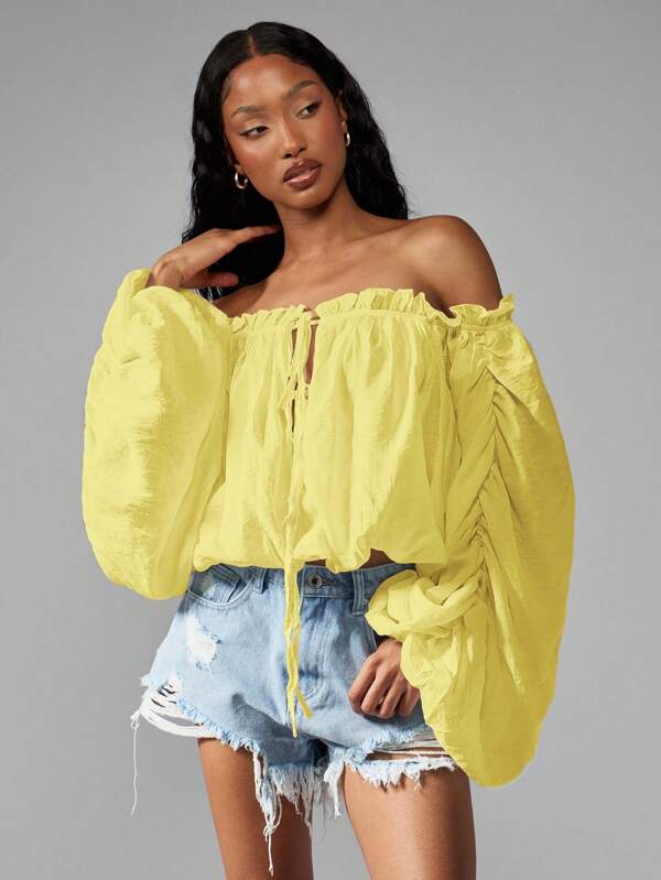 missguided MISSGUIDED Off Shoulder Peasant Top Boho Chic Puff Sleeve Gathered Crop Top