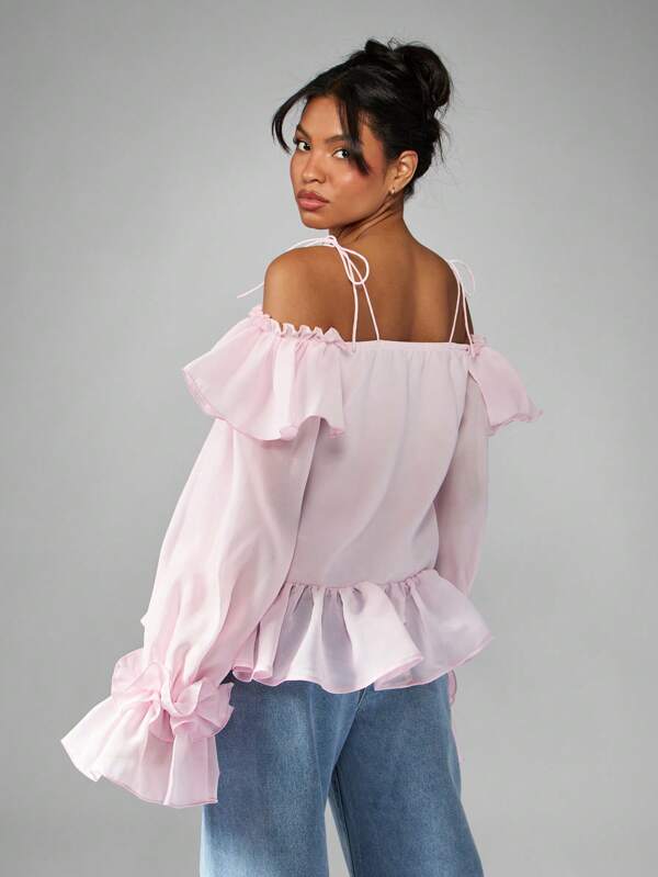 Missguided MISSGUIDED Off Shoulder Peplum Top With Ruffle Trim And Tie Details