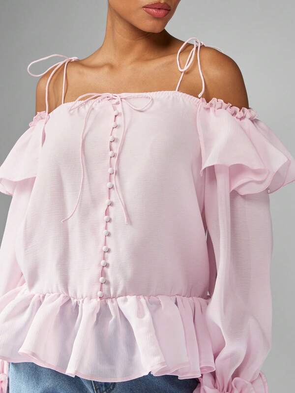 Missguided MISSGUIDED Off Shoulder Peplum Top With Ruffle Trim And Tie Details