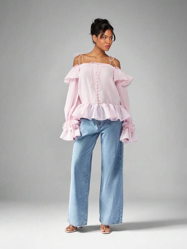 Missguided MISSGUIDED Off Shoulder Peplum Top With Ruffle Trim And Tie Details