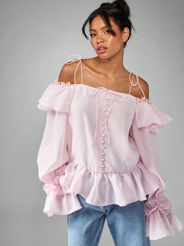 missguided MISSGUIDED Off Shoulder Peplum Top With Ruffle Trim And Tie Details