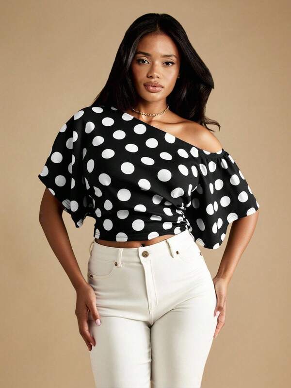 missguided MISSGUIDED Off Shoulder Polka Dot Crop Top With Flutter Sleeves
