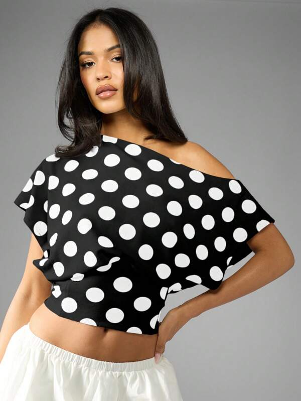 Missguided MISSGUIDED Off Shoulder Polka Dot Crop Top With Loose Dolman Sleeve