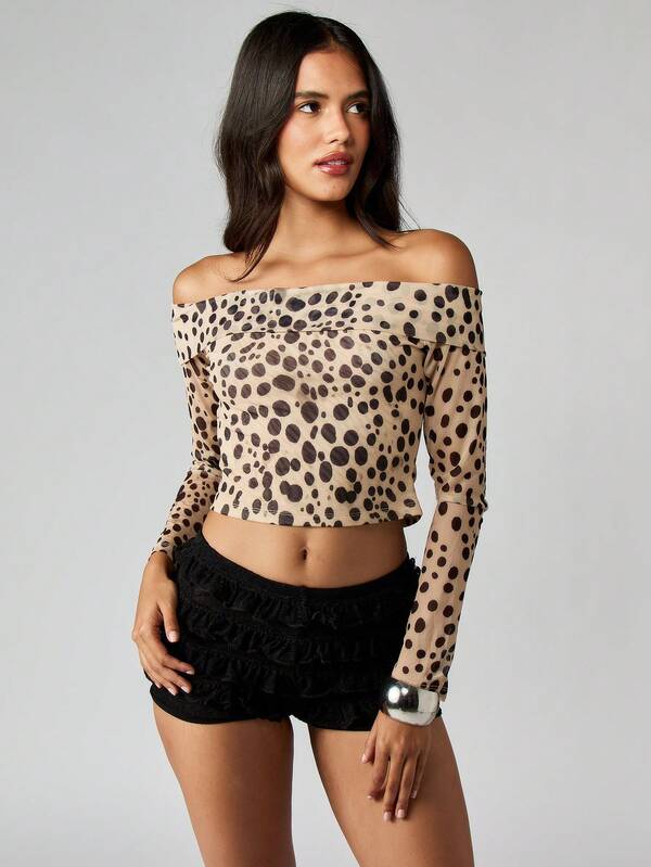 Missguided MISSGUIDED Off Shoulder Polka Dot Long Sleeve Top With Ruffle