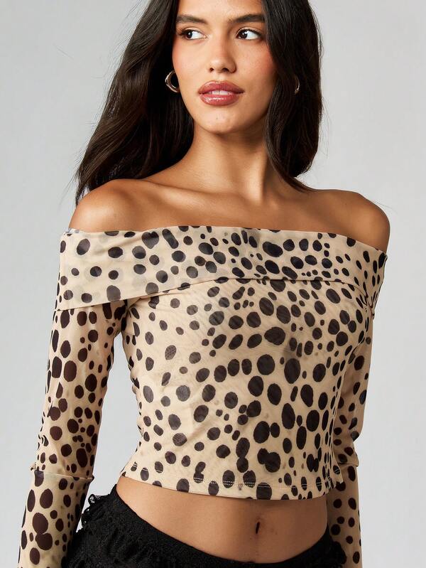 missguided MISSGUIDED Off Shoulder Polka Dot Long Sleeve Top With Ruffle