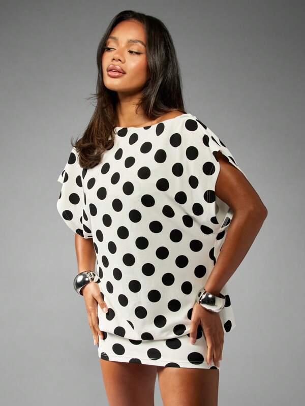 missguided MISSGUIDED Off Shoulder Polka Dot Mini Dress With Dolman Sleeves