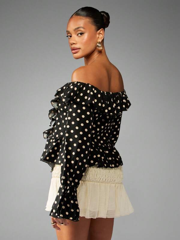 Missguided MISSGUIDED Off Shoulder Polka Dot Ruffle Blouse Bell Sleeves