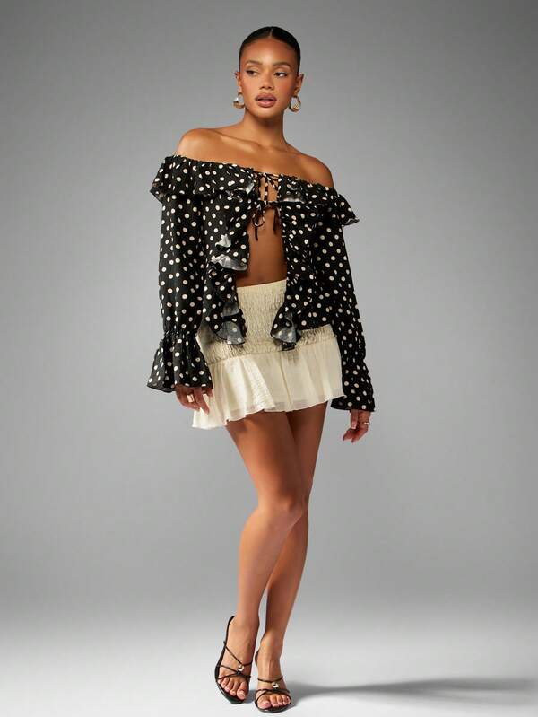Missguided MISSGUIDED Off Shoulder Polka Dot Ruffle Blouse Bell Sleeves