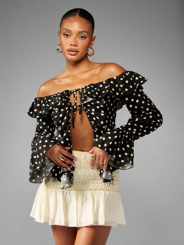 missguided MISSGUIDED Off Shoulder Polka Dot Ruffle Blouse Bell Sleeves