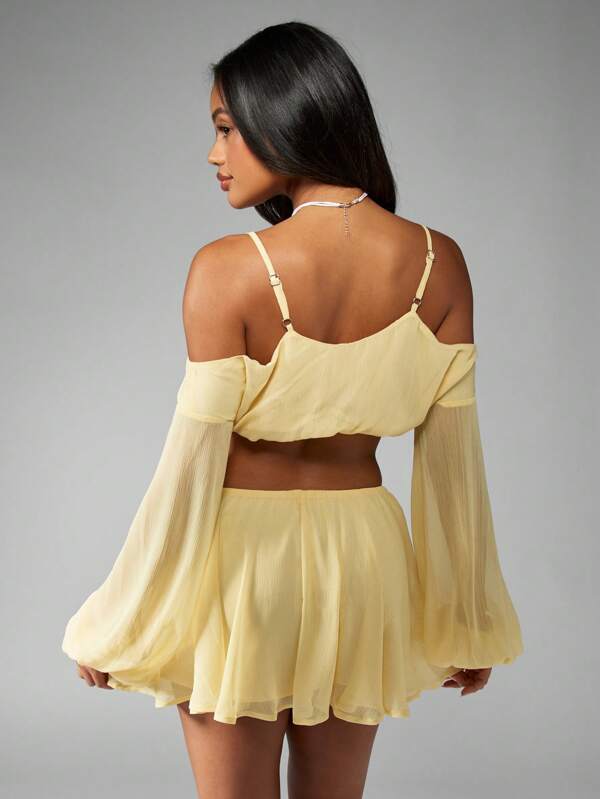 Missguided MISSGUIDED Off Shoulder Puff Sleeve Crop Top Mini Skirt Women Two-Piece Outfit