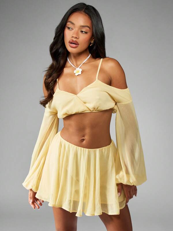 missguided MISSGUIDED Off Shoulder Puff Sleeve Crop Top Mini Skirt Women Two-Piece Outfit