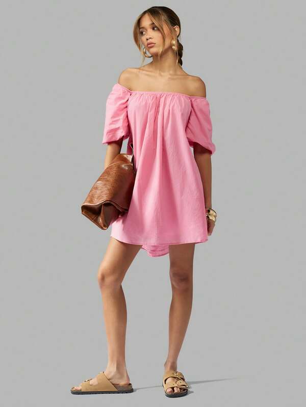 Missguided MISSGUIDED Off Shoulder Puff Sleeve Flutter A-Line Women Mini Dress