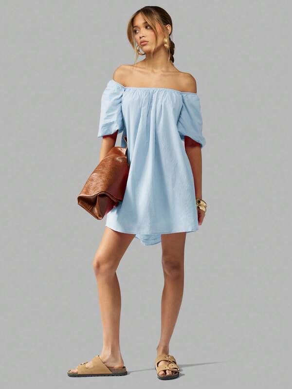 Missguided MISSGUIDED Off Shoulder Puff Sleeve Mini Dress With Back Tie
