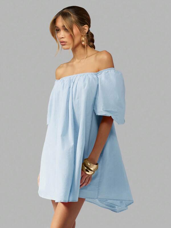missguided MISSGUIDED Off Shoulder Puff Sleeve Mini Dress With Back Tie
