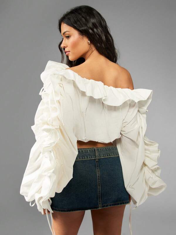 Missguided MISSGUIDED Off Shoulder Puffy Long Sleeve Ruffle Crop Top
