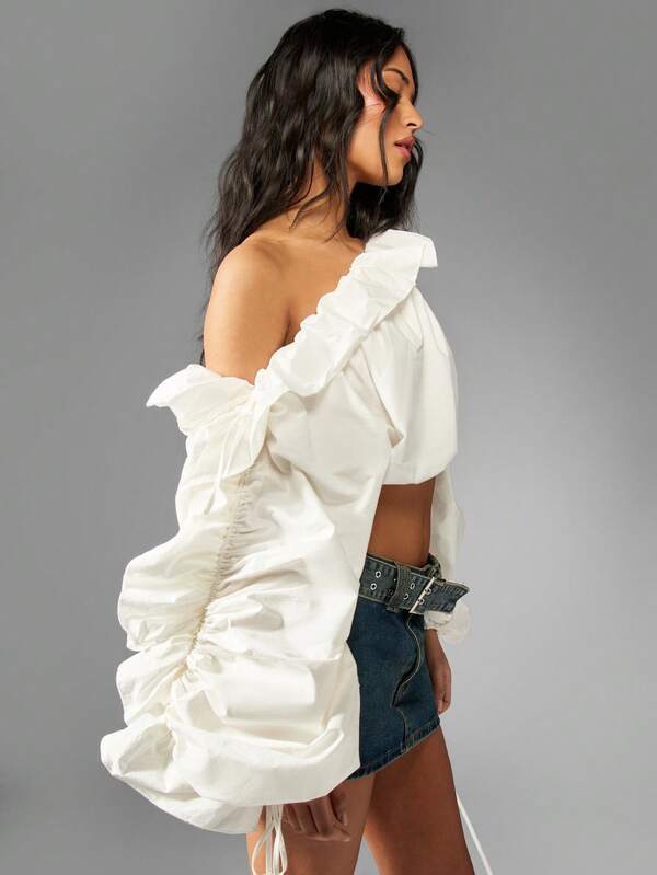 Missguided MISSGUIDED Off Shoulder Puffy Long Sleeve Ruffle Crop Top