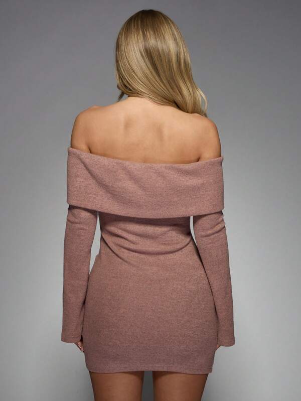 Missguided MISSGUIDED Off Shoulder Ribbed Knit Mini Dress With Gold Detail Bodycon Long Sleeve