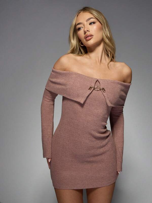 missguided MISSGUIDED Off Shoulder Ribbed Knit Mini Dress With Gold Detail Bodycon Long Sleeve