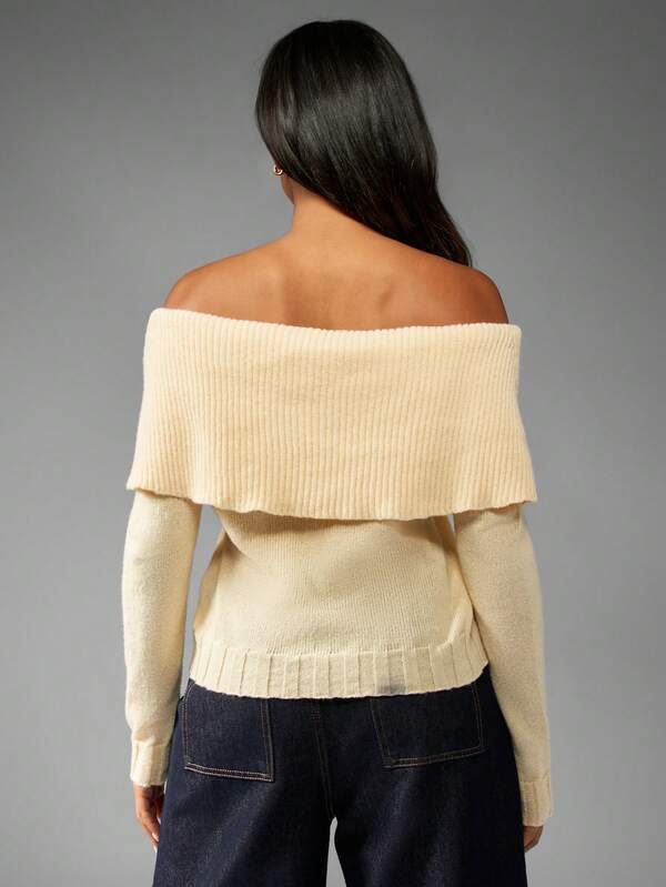 Missguided MISSGUIDED Off Shoulder Ribbed Knit Sweater With Fold Over Neckline