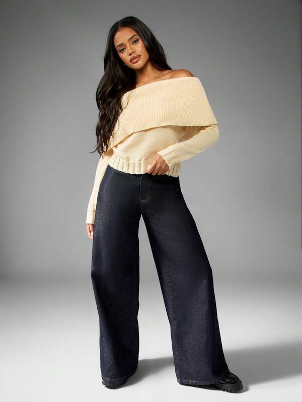 Missguided MISSGUIDED Off Shoulder Ribbed Knit Sweater With Fold Over Neckline