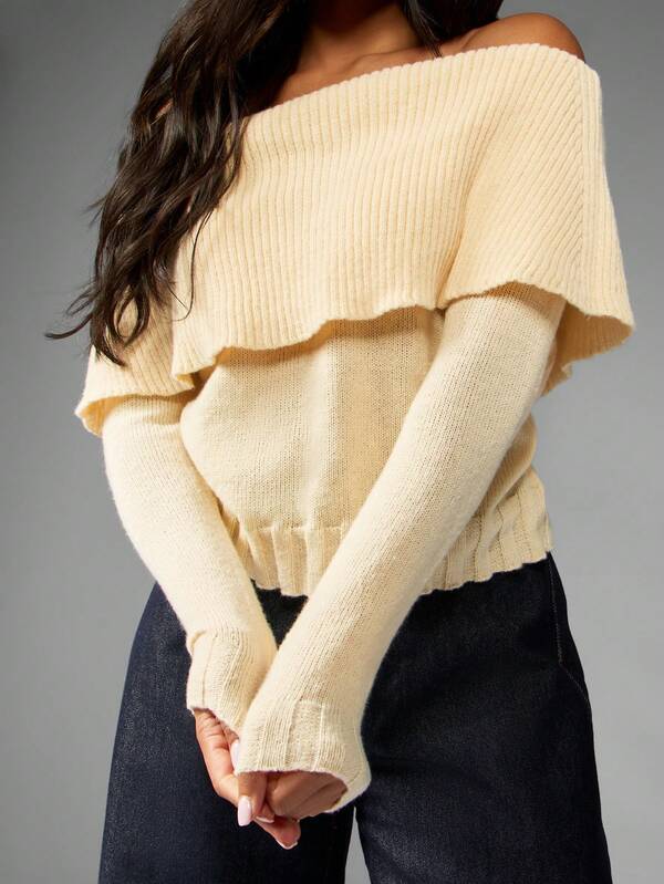 Missguided MISSGUIDED Off Shoulder Ribbed Knit Sweater With Fold Over Neckline