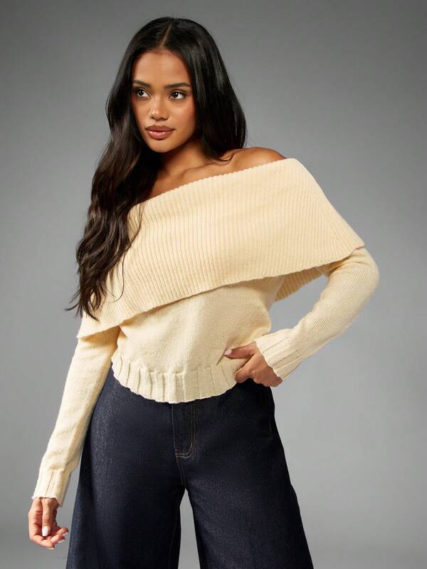 missguided MISSGUIDED Off Shoulder Ribbed Knit Sweater With Fold Over Neckline