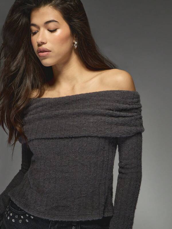 Missguided MISSGUIDED Off Shoulder Ribbed Knit Top With Cross Back
