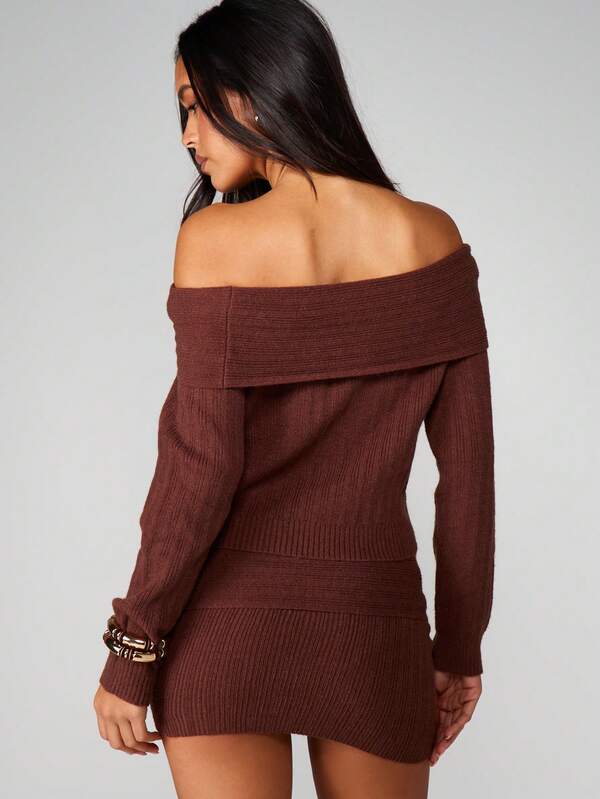 Missguided MISSGUIDED Off Shoulder Ribbed Knitted Sweater With Mini Skirt Set