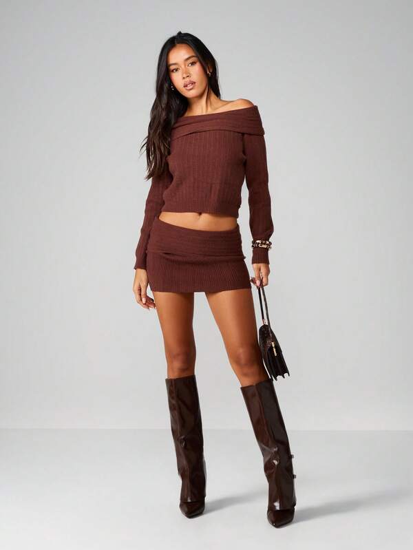 Missguided MISSGUIDED Off Shoulder Ribbed Knitted Sweater With Mini Skirt Set