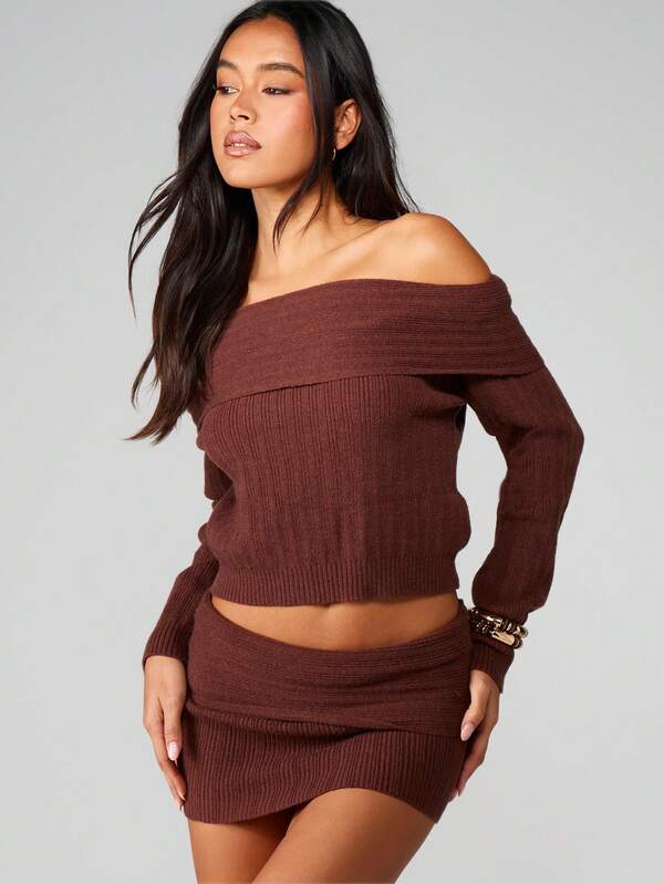 Missguided MISSGUIDED Off Shoulder Ribbed Knitted Sweater With Mini Skirt Set