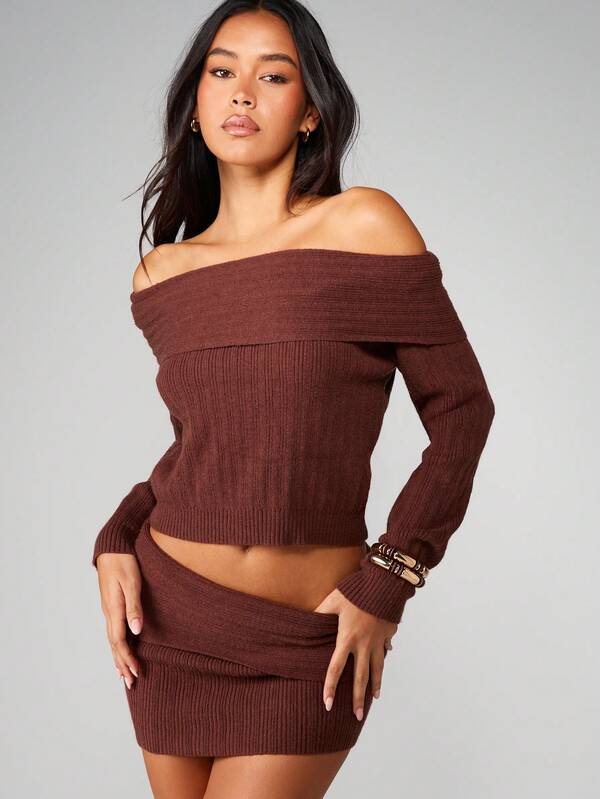 missguided MISSGUIDED Off Shoulder Ribbed Knitted Sweater With Mini Skirt Set