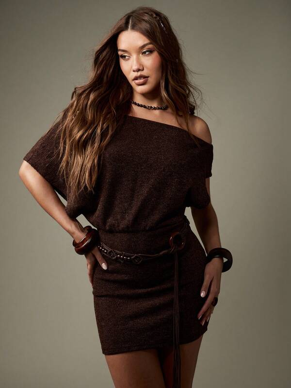 Missguided MISSGUIDED Off Shoulder Ribbed Mini Dress With Belt Detail
