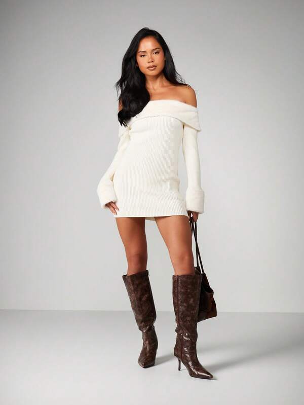 Missguided MISSGUIDED Off Shoulder Ribbed Sweater Dress With Fold Over Detail
