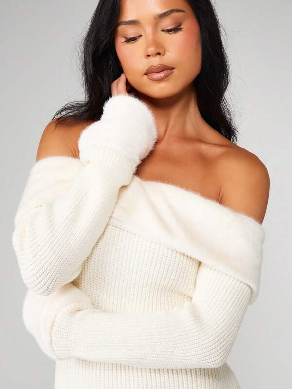 Missguided MISSGUIDED Off Shoulder Ribbed Sweater Dress With Fold Over Detail
