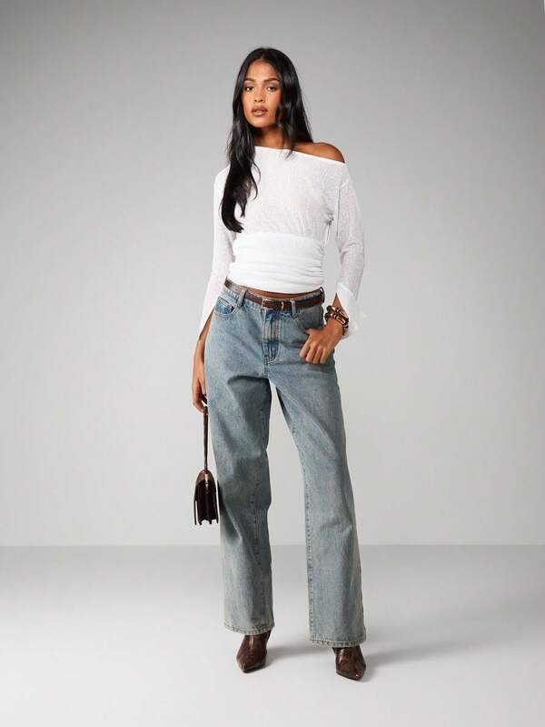 Missguided MISSGUIDED Off Shoulder Ribbed Top With Cinched Waist