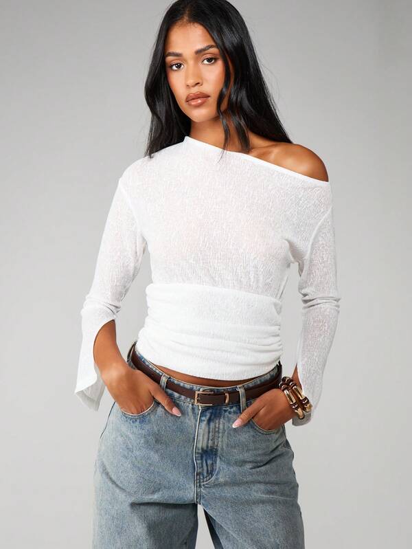 missguided MISSGUIDED Off Shoulder Ribbed Top With Cinched Waist