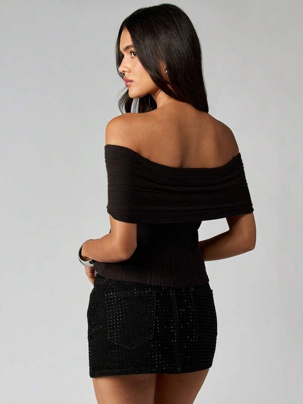 Missguided MISSGUIDED Off Shoulder Ribbed Top With Fold Over Detail