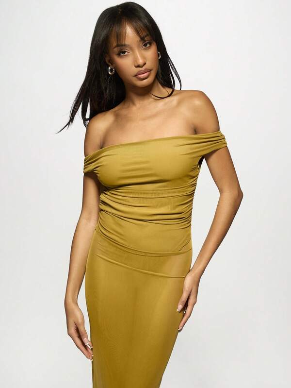 Missguided MISSGUIDED Off Shoulder Ruched Bodycon Elegant Maxi Dress