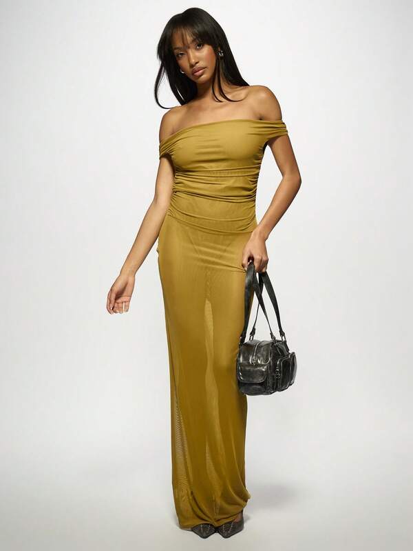 Missguided MISSGUIDED Off Shoulder Ruched Bodycon Elegant Maxi Dress