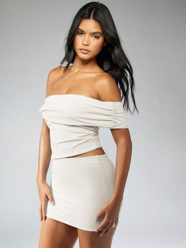 Missguided MISSGUIDED Off Shoulder Ruched Crop Top Mini Skirt Two Piece Outfit