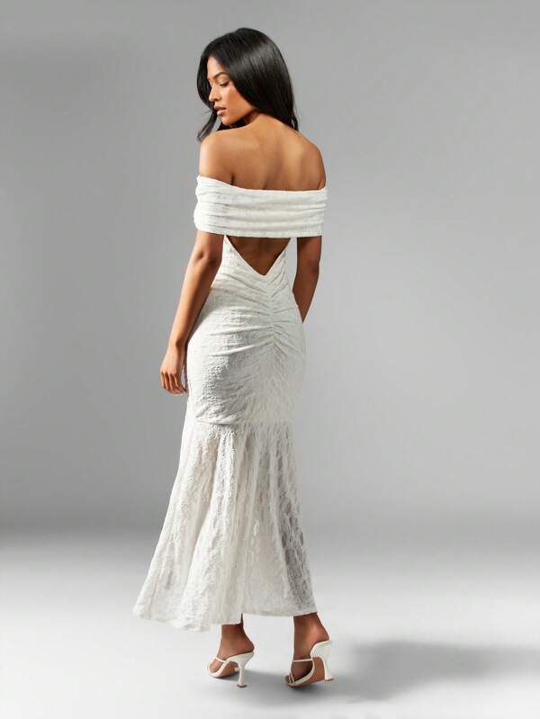 Missguided MISSGUIDED Off Shoulder Ruched High Low Hem Long Dress