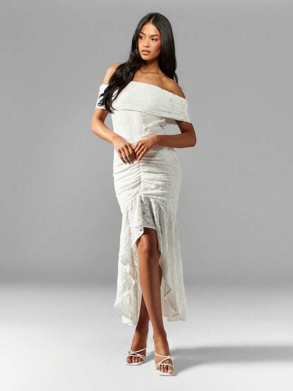 Missguided MISSGUIDED Off Shoulder Ruched High Low Hem Long Dress