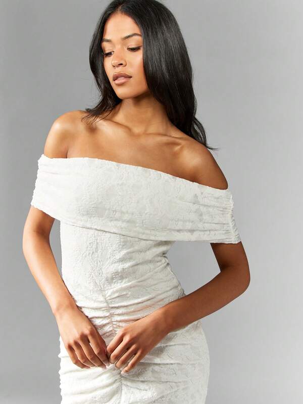 Missguided MISSGUIDED Off Shoulder Ruched High Low Hem Long Dress
