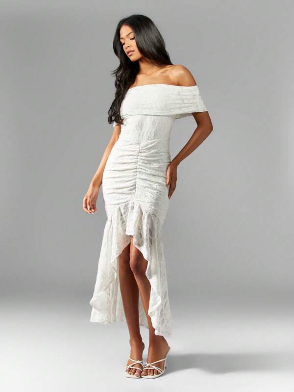 missguided MISSGUIDED Off Shoulder Ruched High Low Hem Long Dress